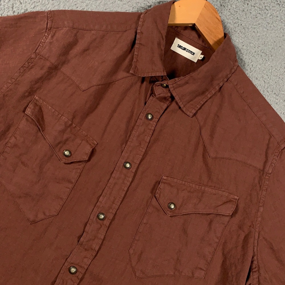 Taylor Stitch Linen Western Shirt Mens 44 XL Brown Short Sleeve Snap Front
